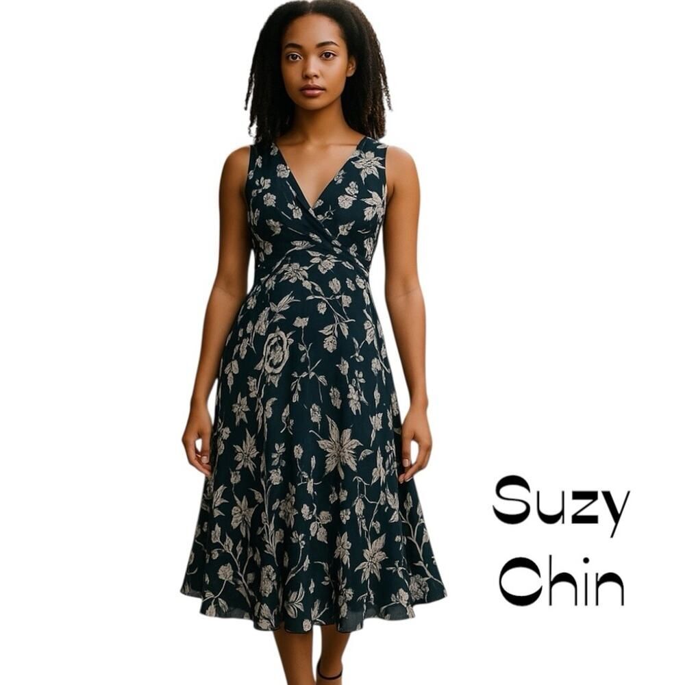 Suzi Chin Black White Floral Silk Sleeveless Midi Dress NWOT Size 6 Party Date